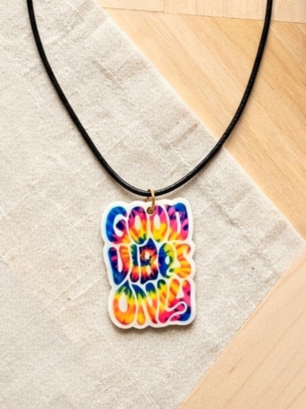 Fun Cute Tie Dye Colorful Hippie Boho Good Vibes Only Quote Pendant Necklace